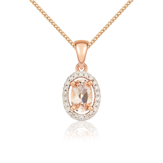 9ct Rose Gold Oval Natural Morganite and Diamond Halo Cluster Pendant —6 x 4mm
