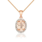 9ct Rose Gold Oval Natural Morganite & Diamond Halo Cluster Pendant — 7x5mm