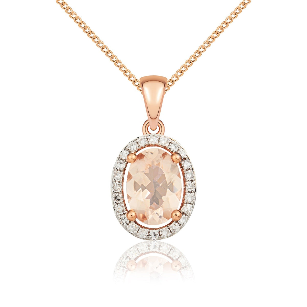 9ct Rose Gold Oval Natural Morganite & Diamond Halo Cluster Pendant — 7x5mm