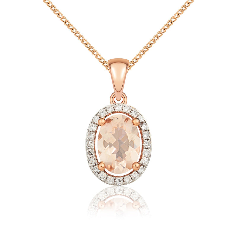 9ct Rose Gold Oval Natural Morganite & Diamond Halo Cluster Pendant — 7x5mm