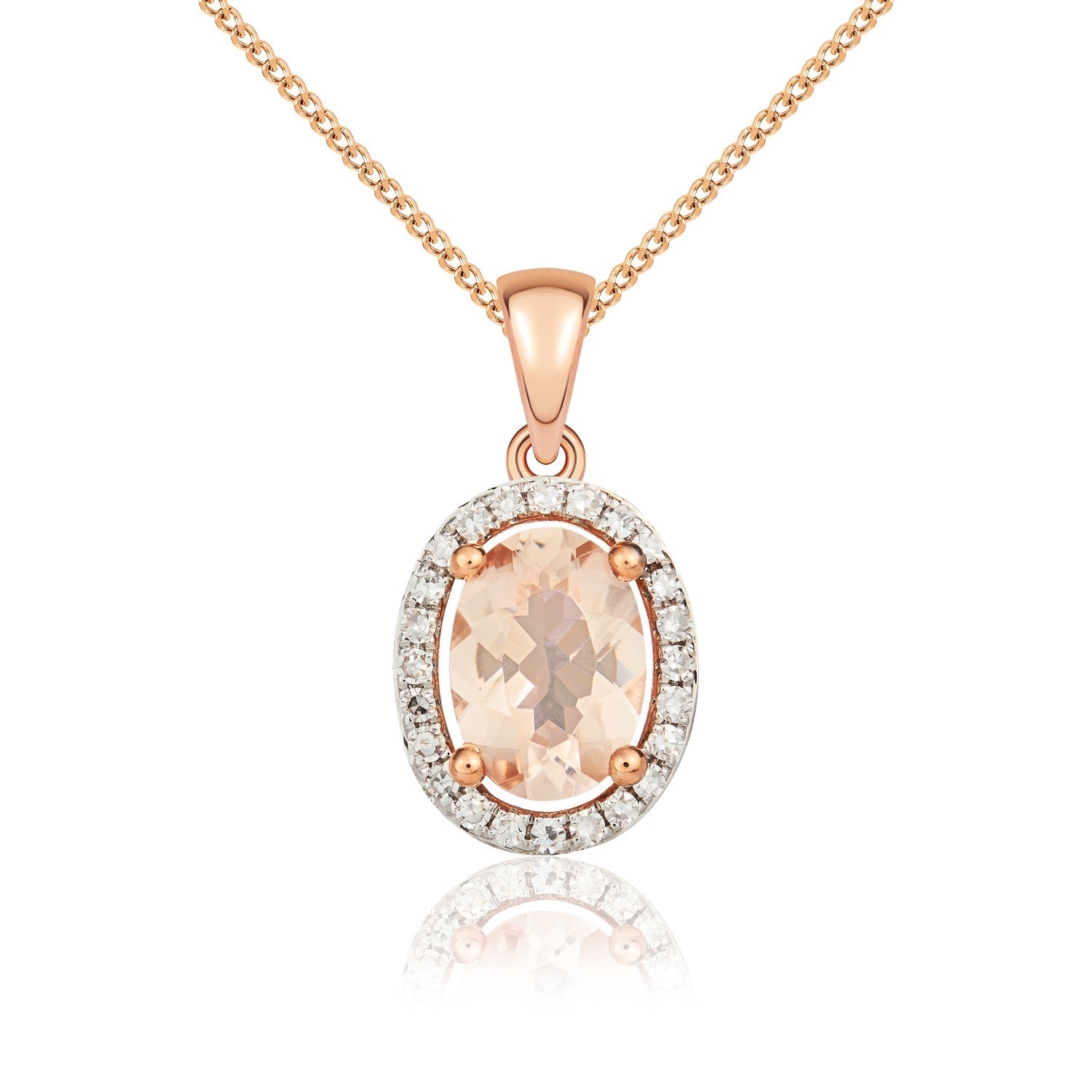 9ct Rose Gold Oval Natural Morganite and Diamond Halo Cluster Pendant —7 x 5mm