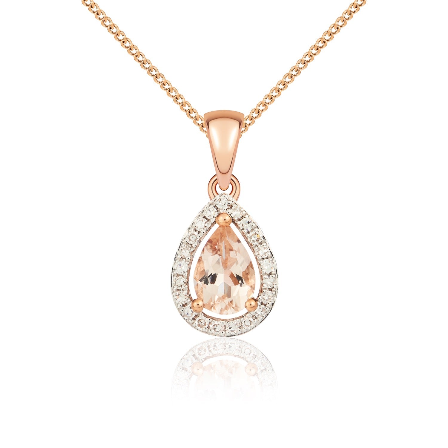 9ct Rose Gold Pear Shaped Natural Morganite and Diamond Halo Cluster Pendant — 6x4mm
