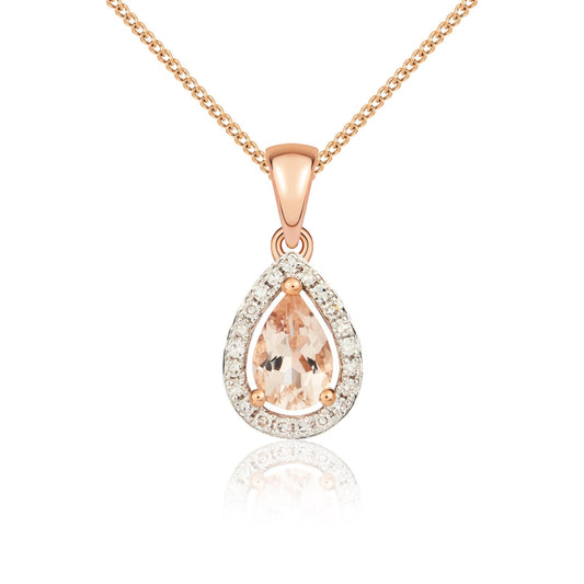 9ct Rose Gold Pear Shaped Natural Morganite and Diamond Halo Cluster Pendant — 6x4mm