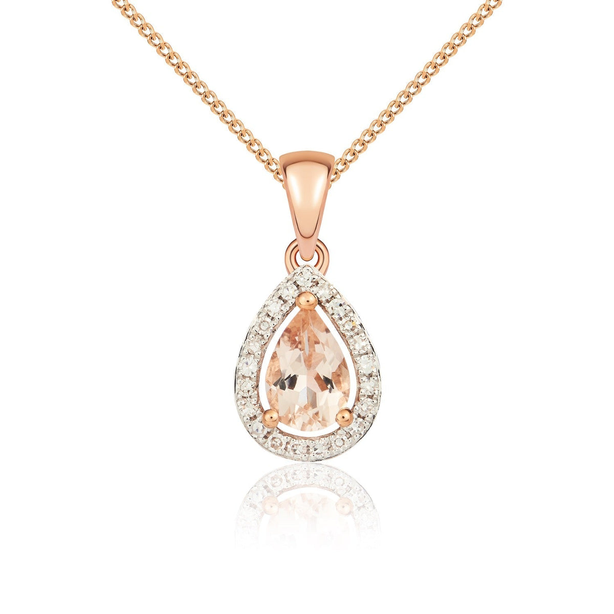 9ct Rose Gold Pear Natural Morganite & Diamond Halo Cluster Pendant — 6x4mm