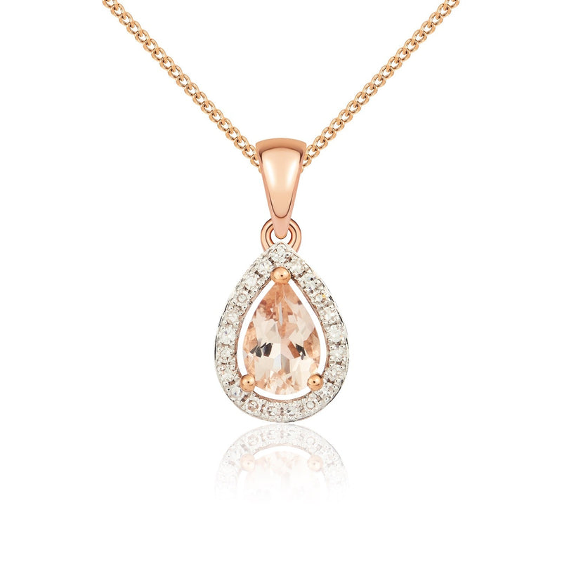 9ct Rose Gold Pear Natural Morganite & Diamond Halo Cluster Pendant — 6x4mm