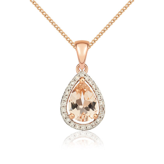 9ct Rose Gold Pear Shaped Natural Morganite and Diamond Halo Cluster Pendant —7 x 5mm