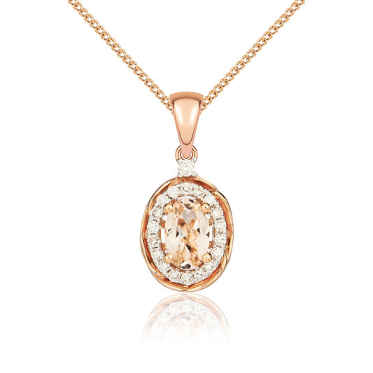 9ct Rose Gold Oval Natural Morganite and Diamond Cluster Pendant —6 x 4mm