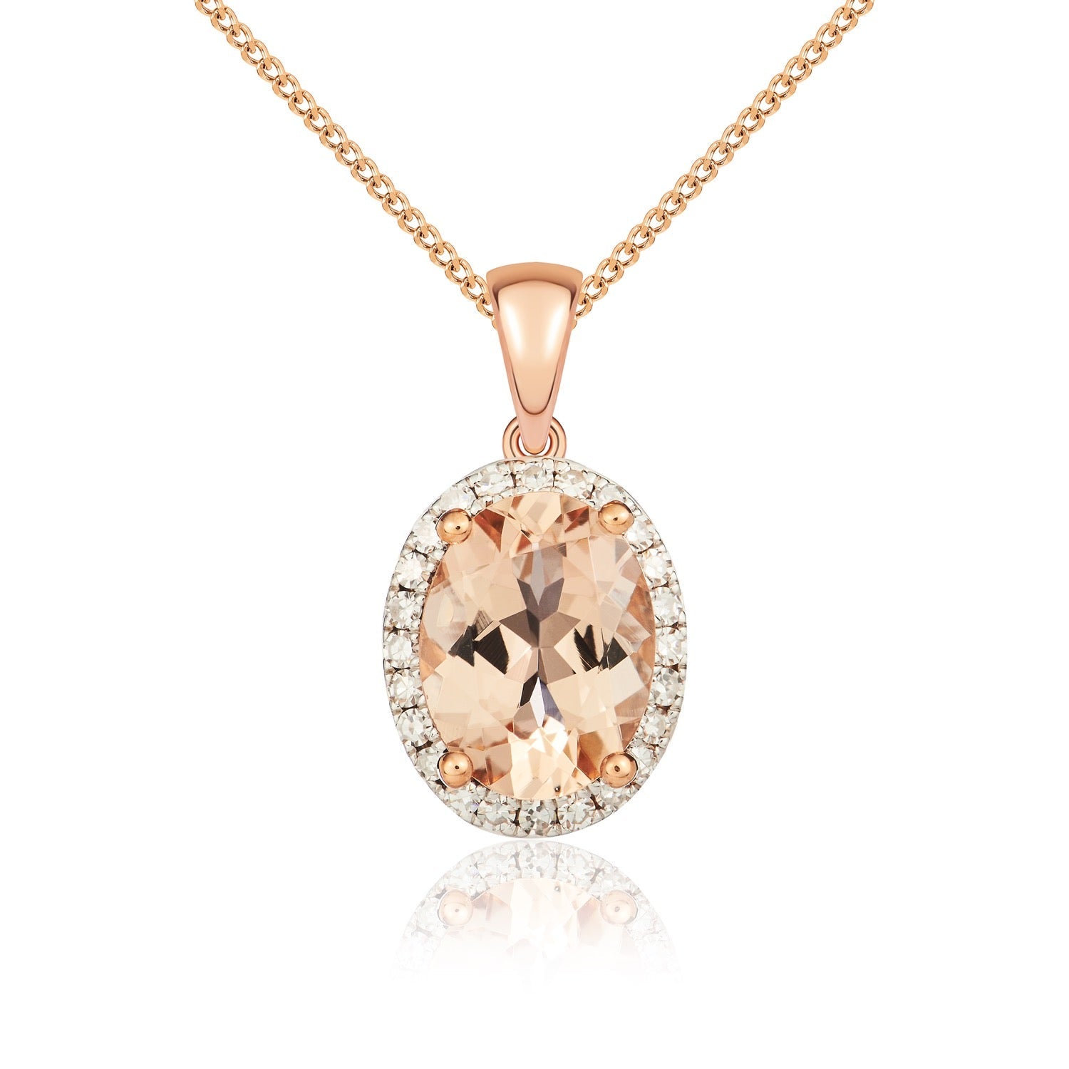 9ct Rose Gold Oval Natural Morganite and Diamond Cluster Pendant — 8x6mm