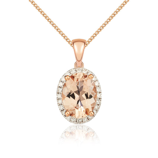 9ct Rose Gold Oval Natural Morganite and Diamond Cluster Pendant — 8x6mm