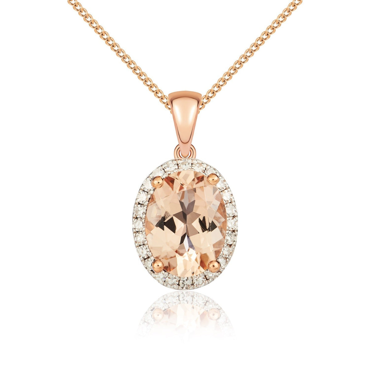 9ct Rose Gold Oval Natural Morganite & Diamond Claw Cluster Pendant — 8x6mm