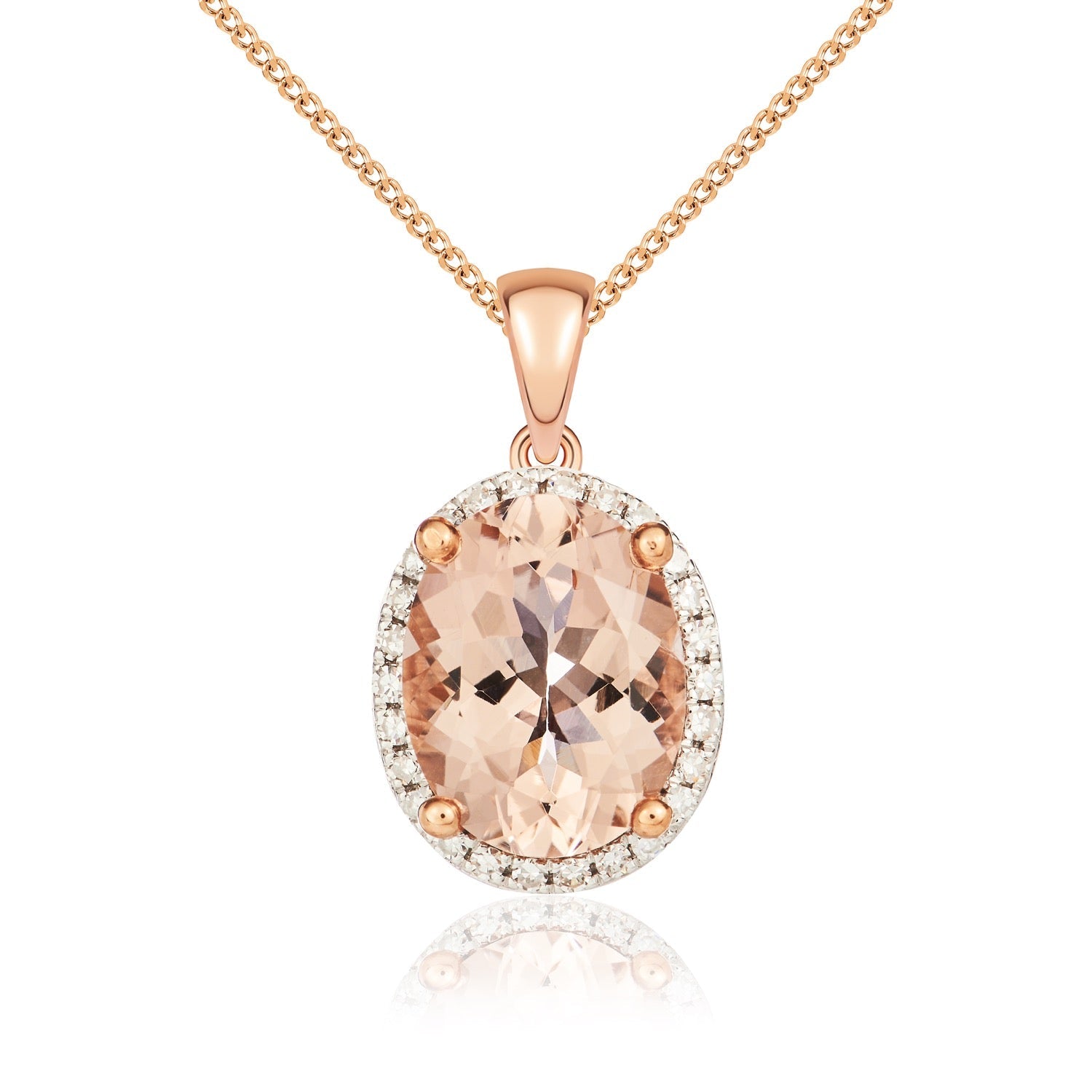 9CT Rose Gold Oval Morganite & Diamond Cluster Pendant 9x7mm