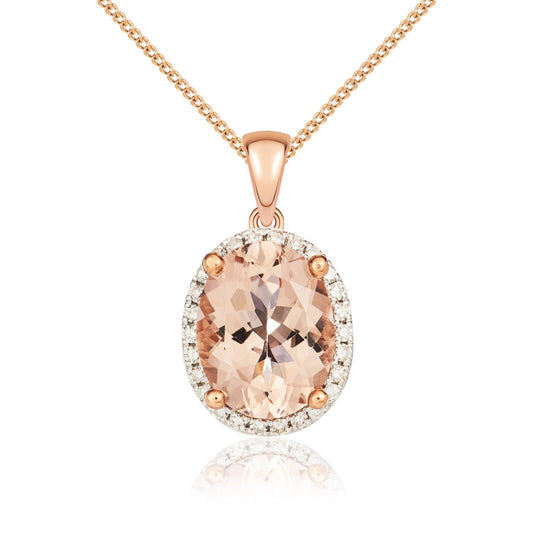 9ct Rose Gold Oval Natural Morganite and Diamond Cluster Pendant — 9x7mm