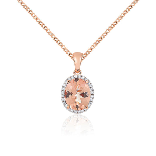 9ct Rose Gold Oval Natural Morganite and Diamond Cluster Pendant — 10x8mm