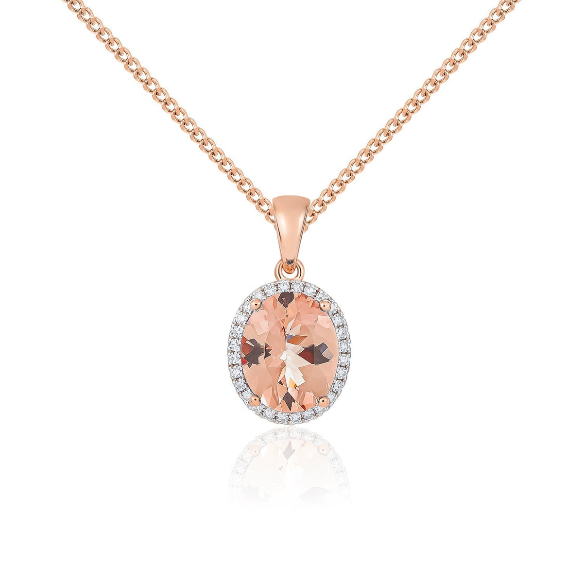9ct Rose Gold Oval Natural Morganite & Diamond Claw Cluster Pendant — 10x8mm