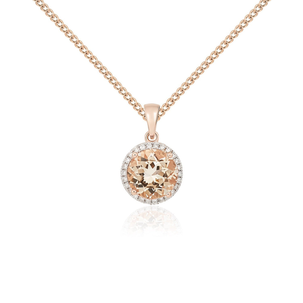 9ct Rose Gold Round Natural Morganite & Diamond Claw Cluster Pendant — 8mm