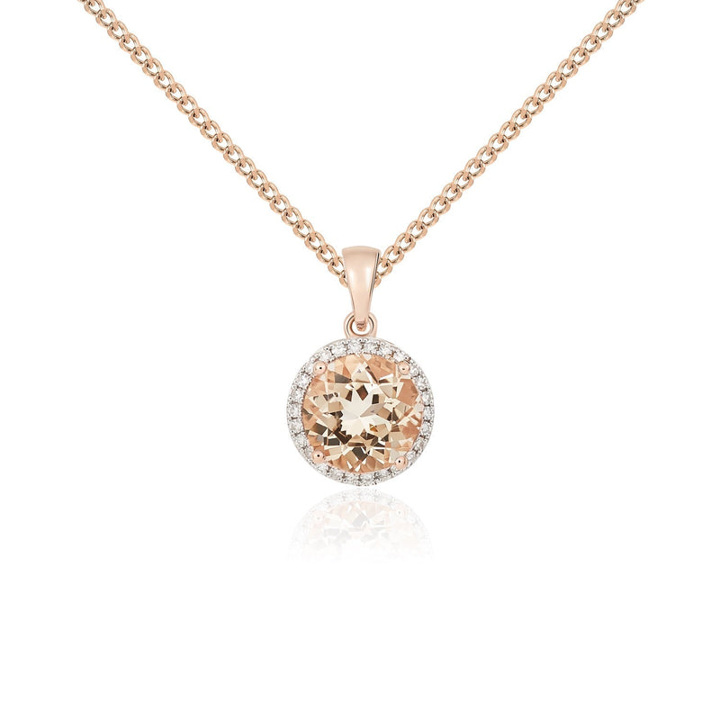 9ct Rose Gold Round Natural Morganite & Diamond Claw Cluster Pendant — 8mm