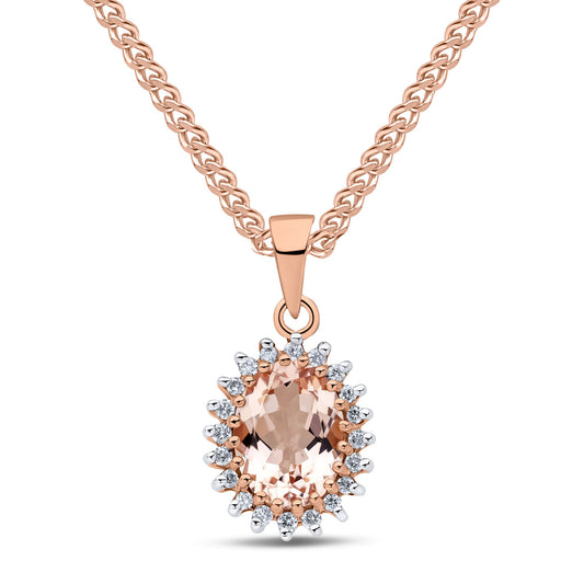 9ct Rose Gold Oval Natural Morganite and Diamond Cluster Pendant — 8x6mm