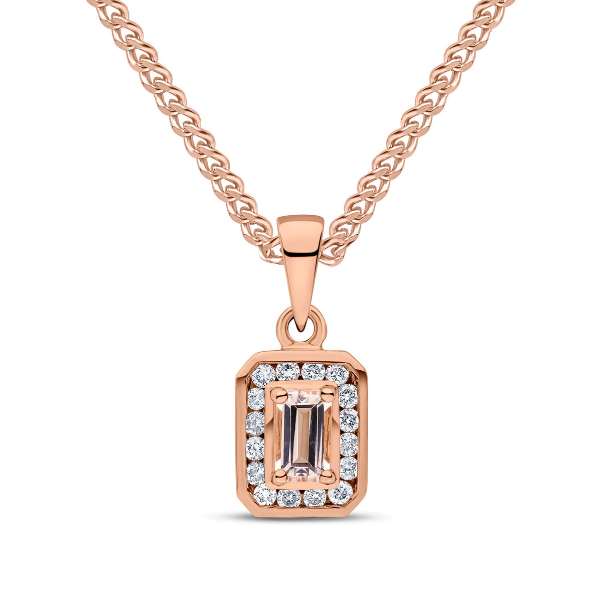 9ct Rose Gold Octagonal Natural Morganite & Diamond Cluster Pendant — 5x3mm