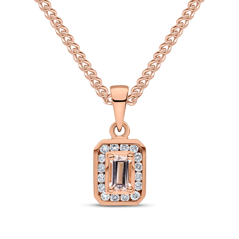9ct Rose Gold Octagonal Natural Morganite & Diamond Cluster Pendant — 5x3mm