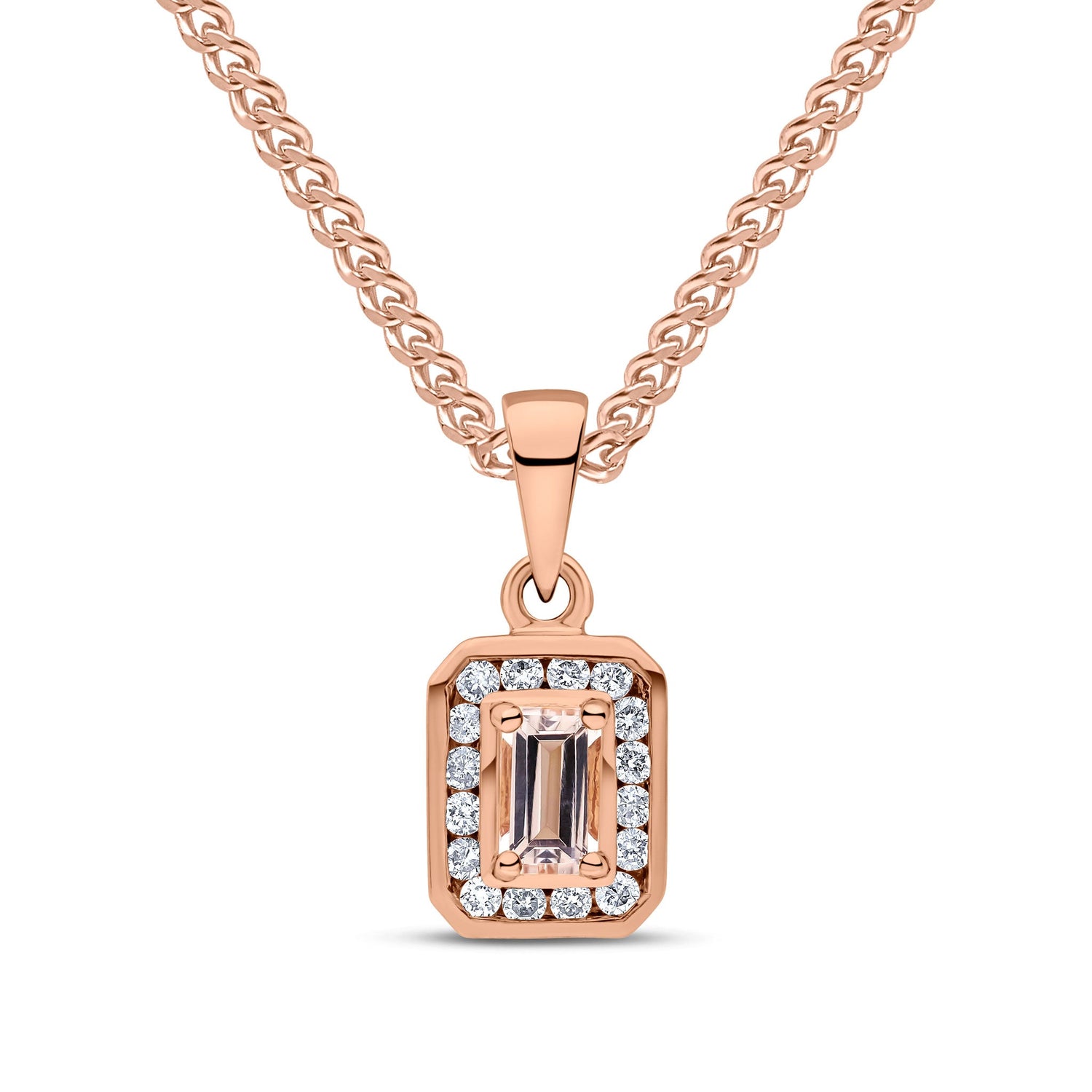 9ct Rose Gold Octagonal Emerald Cut Natural Morganite and Diamond Cluster Pendant - 5x3mm