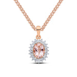 9ct Rose Gold Oval Natural Morganite & Diamond Classic Cluster Pendant — 8x6mm