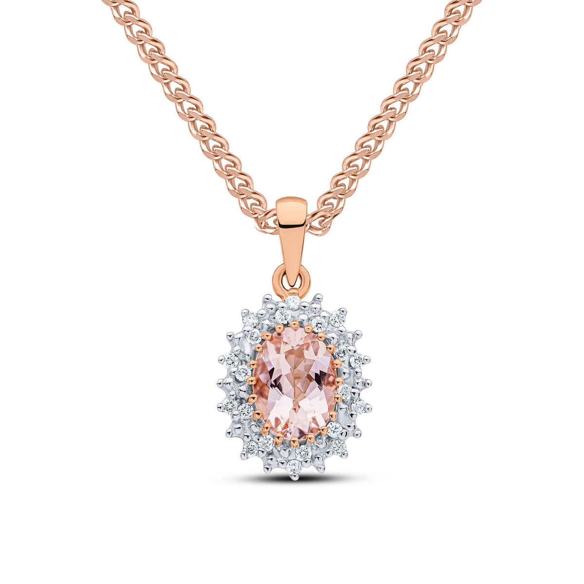 9ct Rose Gold Oval Natural Morganite & Diamond Classic Cluster Pendant — 8x6mm
