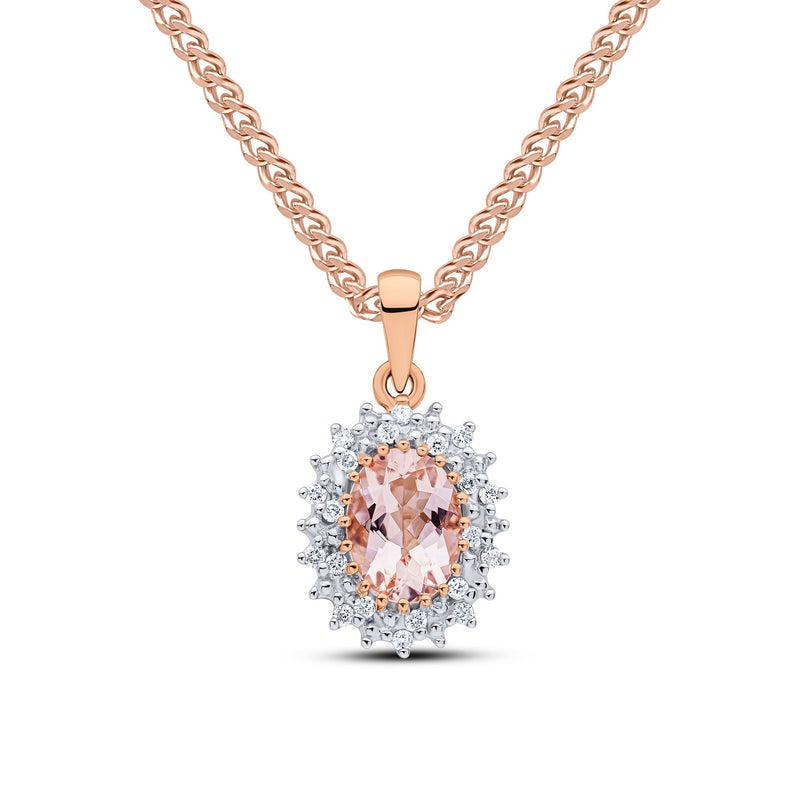 9ct Rose Gold Oval Natural Morganite & Diamond Classic Cluster Pendant — 8x6mm