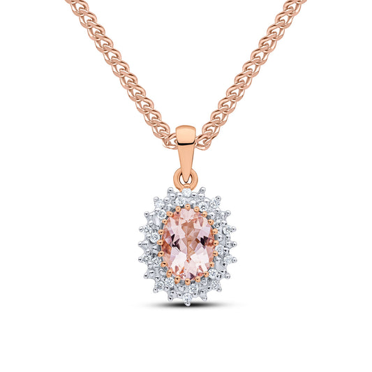 9ct Rose Gold Oval Natural Morganite and Diamond Cluster Pendant — 8x6mm