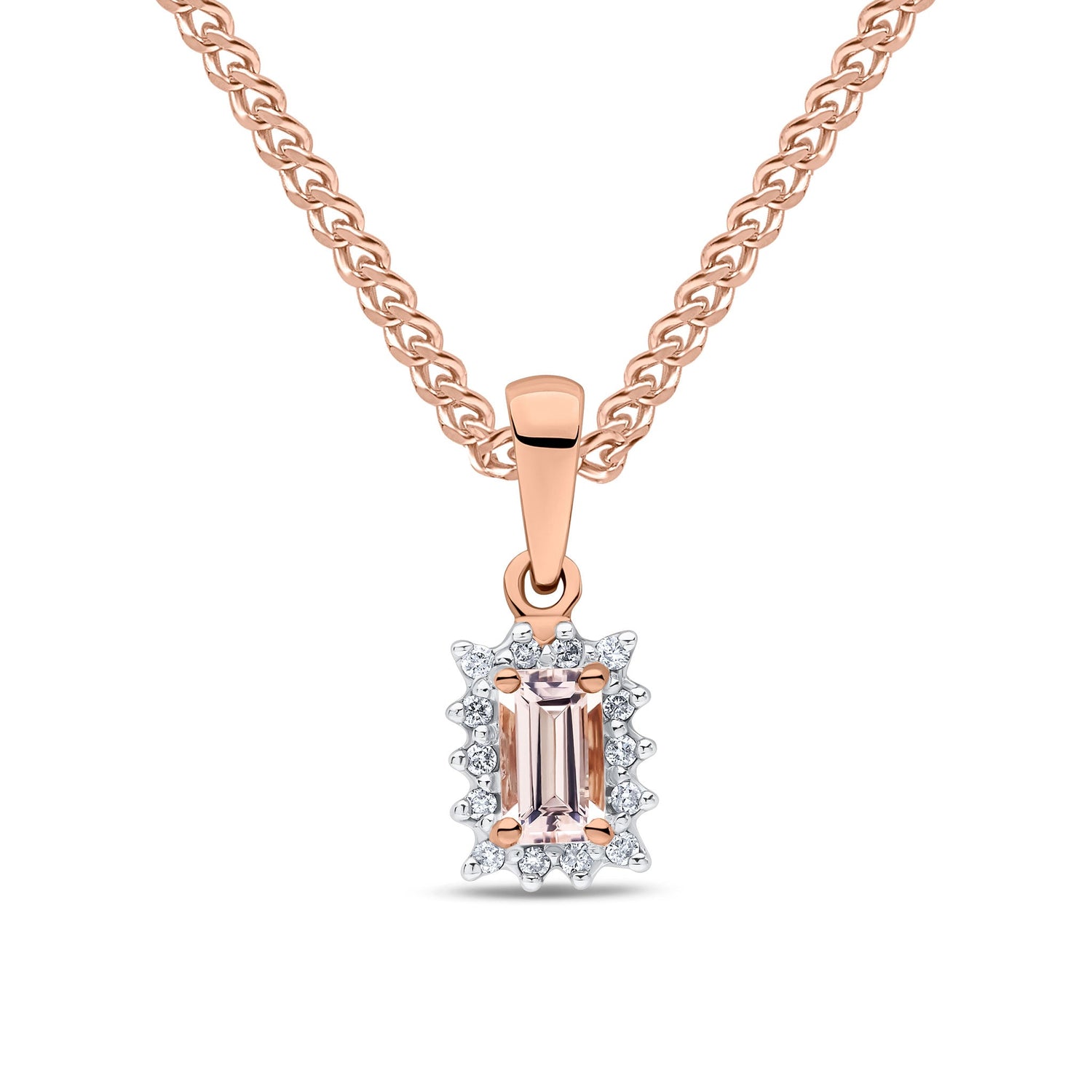9ct Rose Gold Octagonal Emerald Cut Natural Morganite and Diamond Cluster Pendant — 5x3mm
