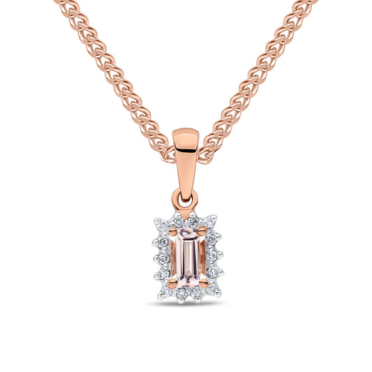 9ct Rose Gold Octagonal Emerald Cut Natural Morganite and Diamond Cluster Pendant — 5x3mm