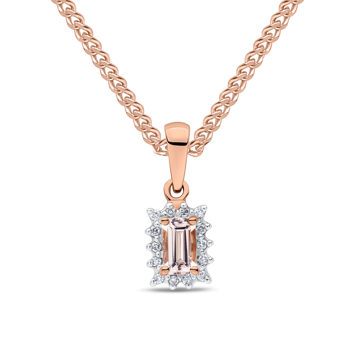 9ct Rose Gold Octagonal Natural Morganite & Diamond Claw Set Cluster Pendant — 5x3mm