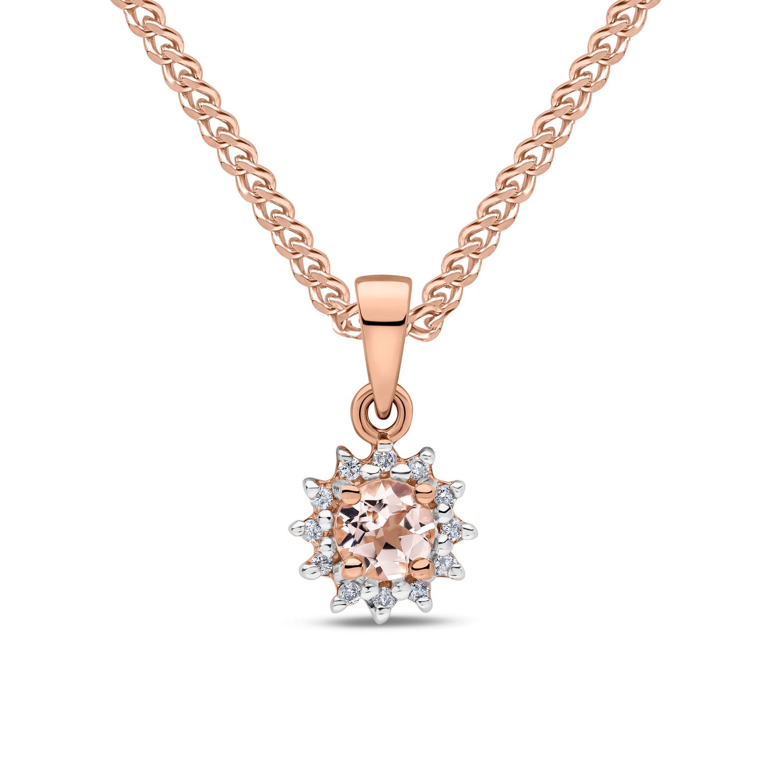 9ct Rose Gold Round Natural Morganite and Diamond Cluster Pendant — 4mm