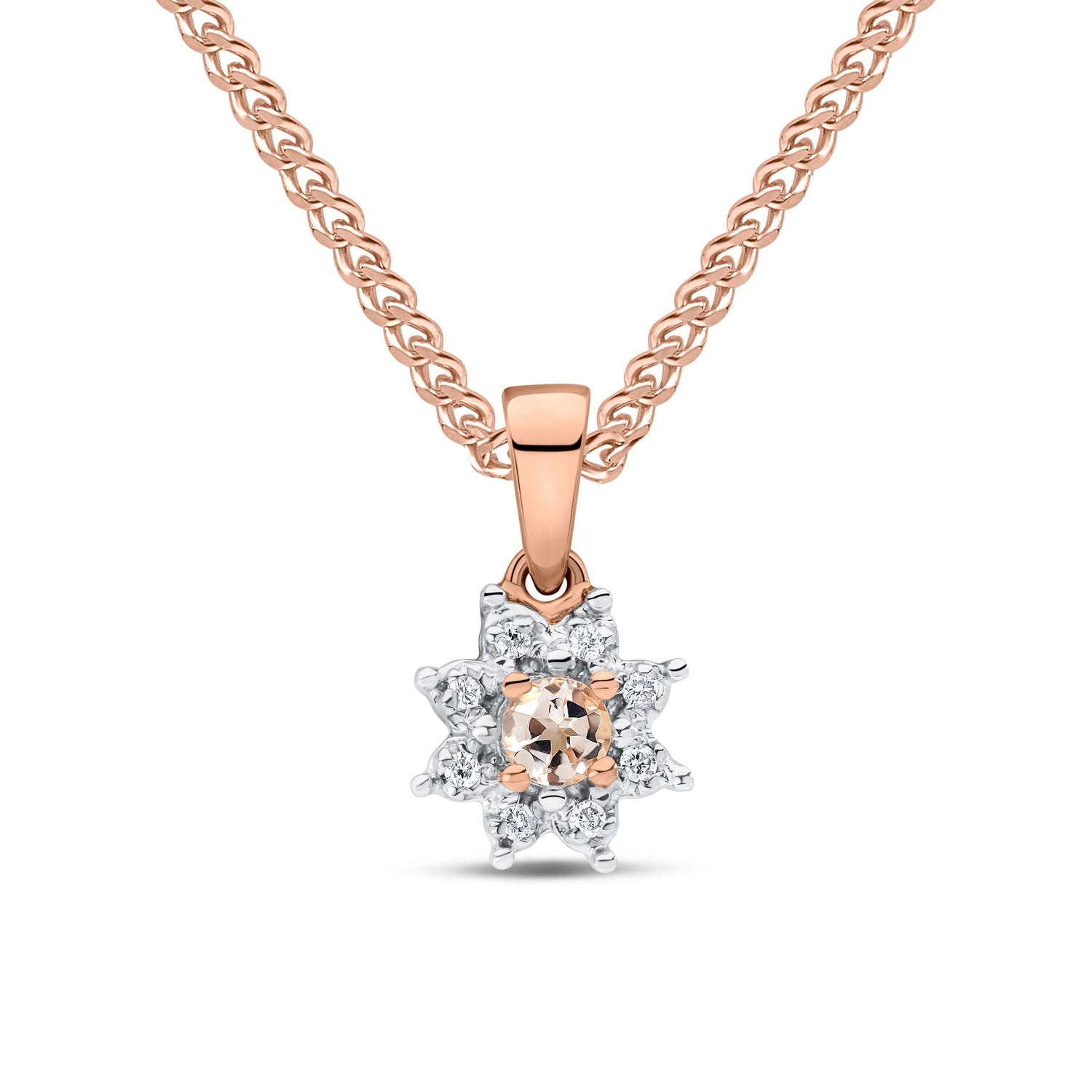 9ct Rose Gold Round Natural Morganite and Diamond Cluster Pendant — 3mm