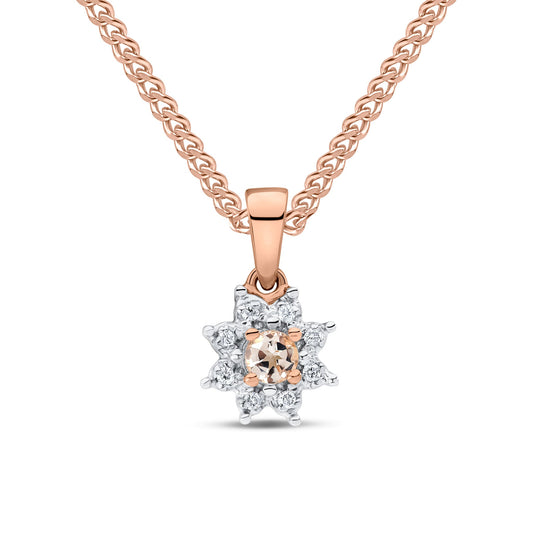 9ct Rose Gold Round Natural Morganite and Diamond Cluster Pendant — 3mm