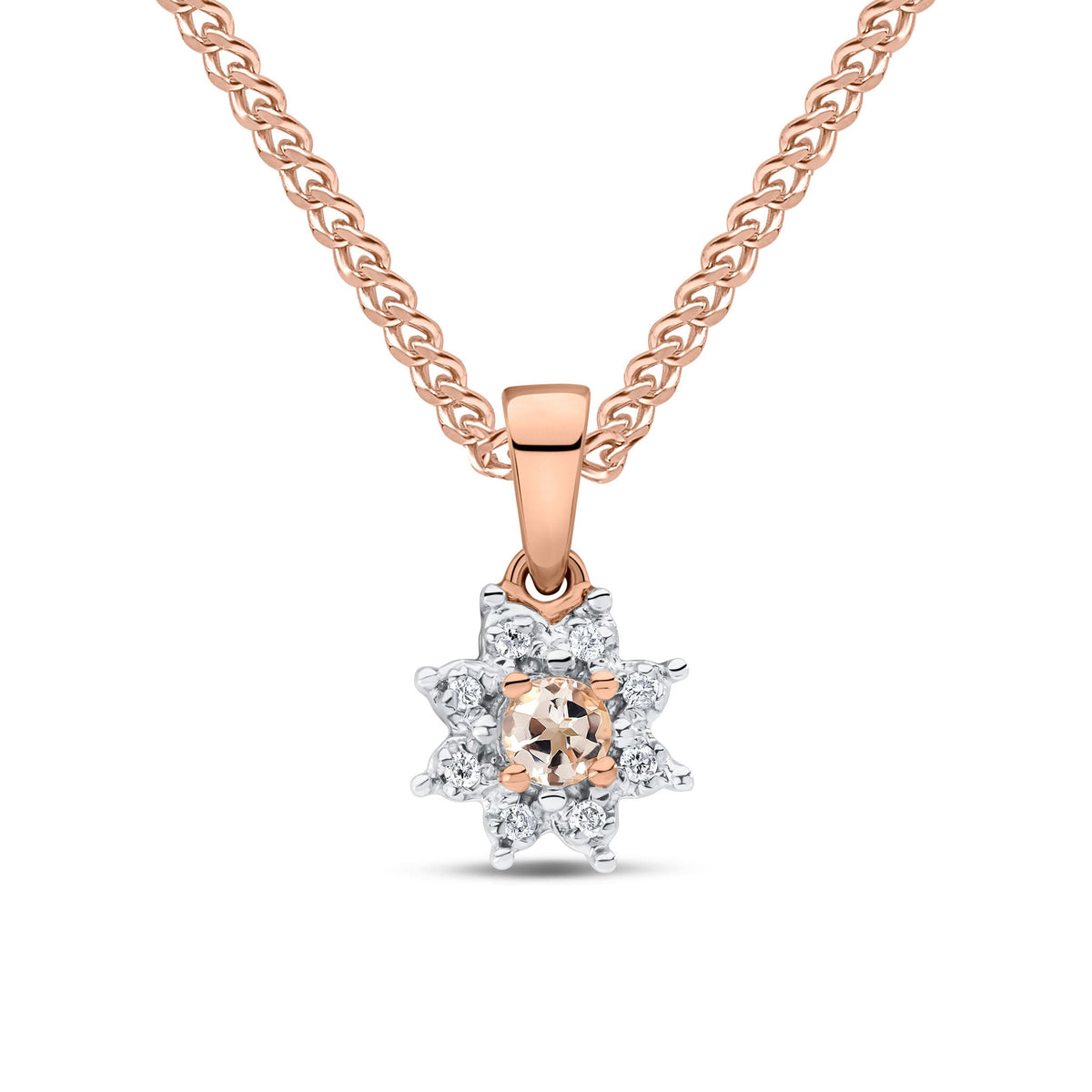 9ct Rose Gold Round Natural Morganite & Diamond Claw Set Cluster Pendant — 3mm