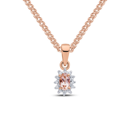 9ct Rose Gold Oval Natural Morganite and Diamond Cluster Pendant — 7.9x6.3mm
