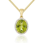 9ct Yellow Gold Oval Natural Peridot & Diamond Claw Cluster Pendant — 10x8mm