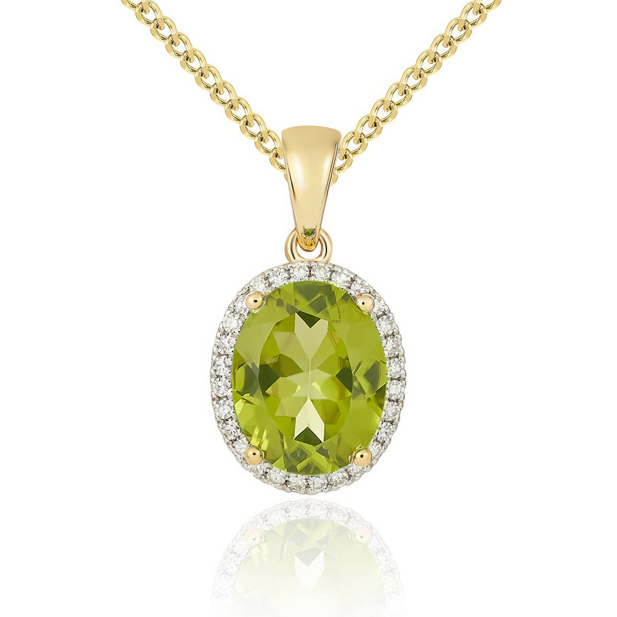 9ct Yellow Gold Oval Natural Peridot & Diamond Claw Cluster Pendant — 10x8mm