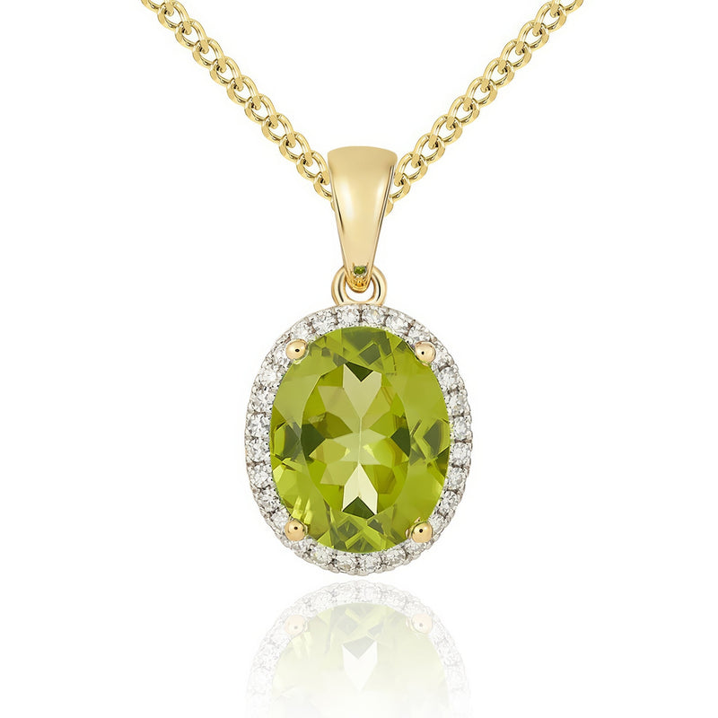 9ct Yellow Gold Oval Natural Peridot & Diamond Claw Cluster Pendant — 10x8mm