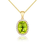 9ct Yellow Gold Oval Natural Peridot & Diamond Claw Cluster Pendant — 8x6mm