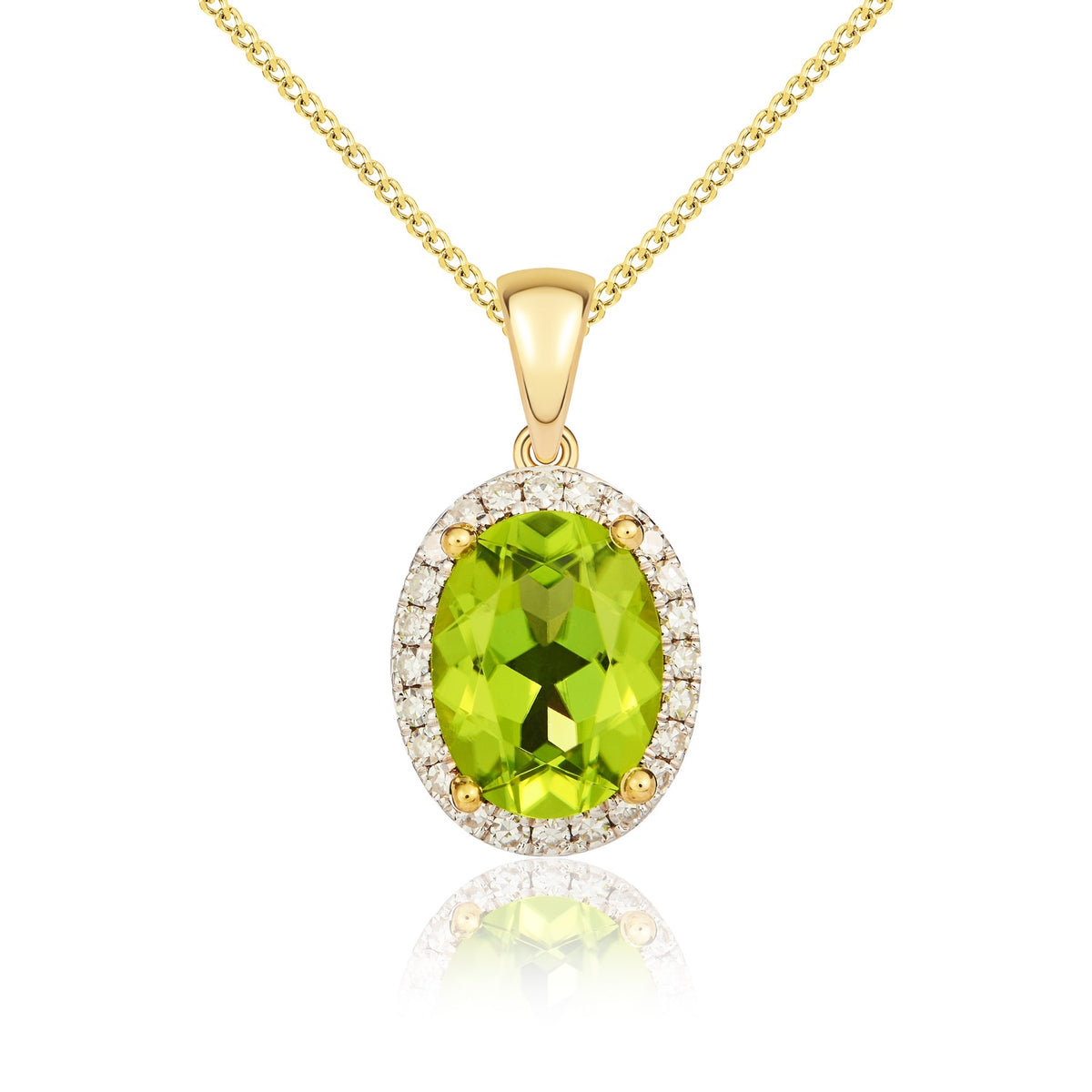 9ct Yellow Gold Oval Natural Peridot & Diamond Claw Cluster Pendant — 8x6mm
