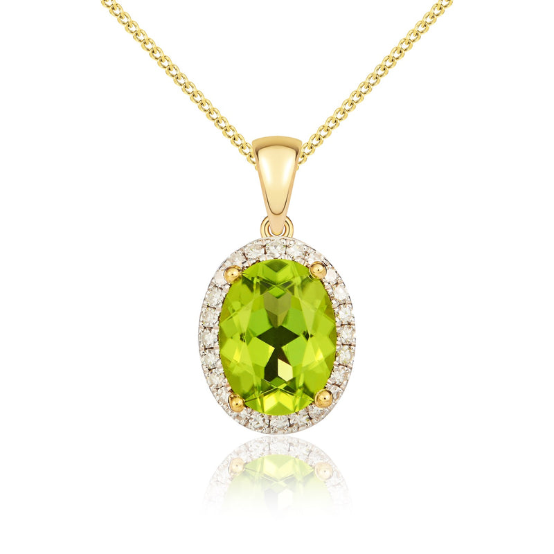 9ct Yellow Gold Oval Natural Peridot & Diamond Claw Cluster Pendant — 8x6mm