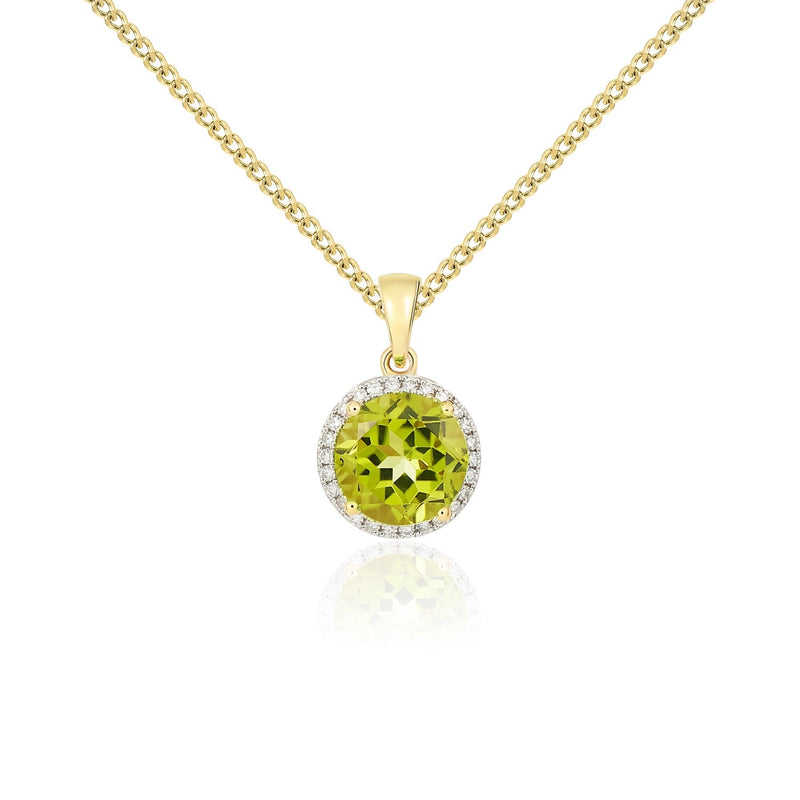 9ct Yellow Gold Round Natural Peridot & Diamond Claw Cluster Pendant — 8mm