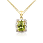 9ct Yellow Gold Cushion Natural Peridot & Diamond Cluster Pendant — 8x6mm