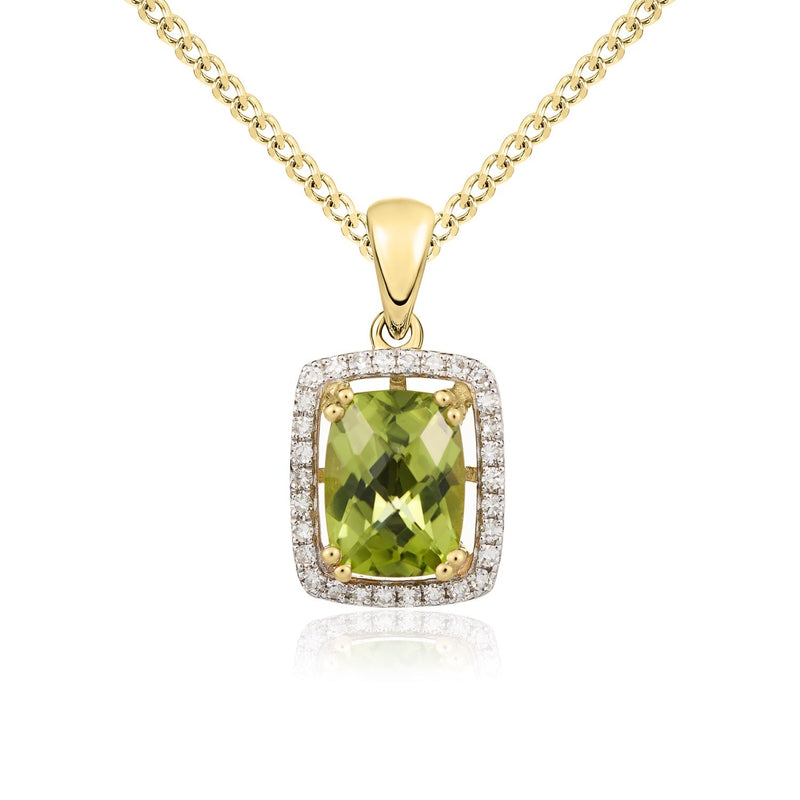 9ct Yellow Gold Cushion Natural Peridot & Diamond Cluster Pendant — 8x6mm