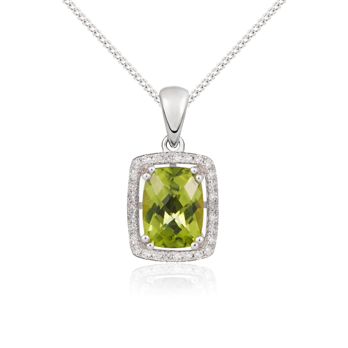 9ct White Gold Cushion Natural Peridot & Diamond Cluster Pendant — 8x6mm