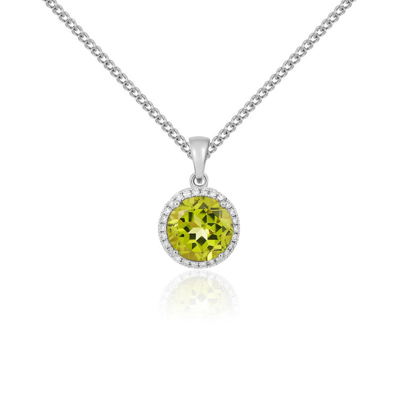 9ct White Gold Round Natural Peridot & Diamond Claw Cluster Pendant — 8mm