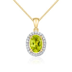 9ct Yellow Gold Oval Natural Peridot & Diamond Halo Cluster Pendant — 7x5mm