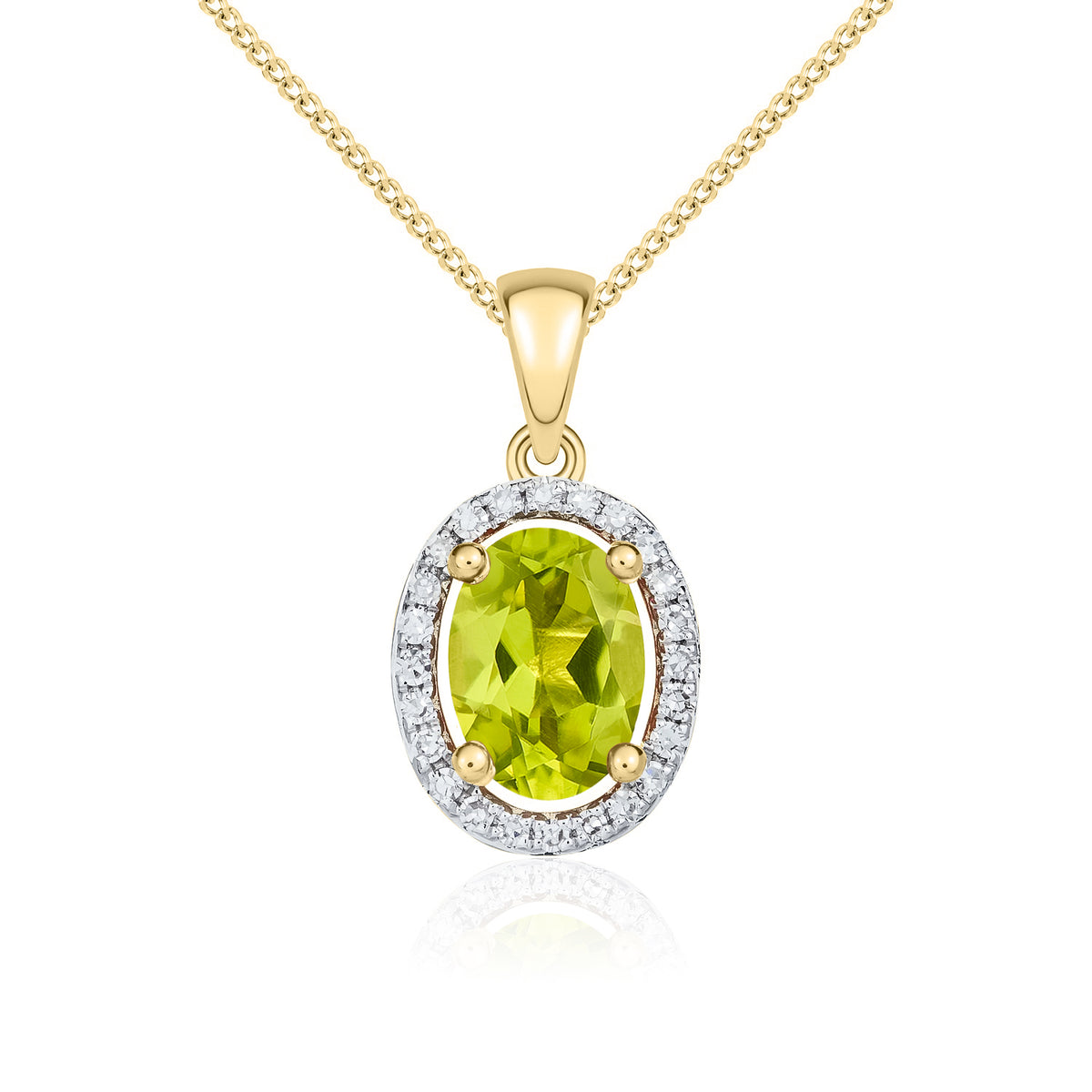 9ct Yellow Gold Oval Natural Peridot & Diamond Halo Cluster Pendant — 7x5mm