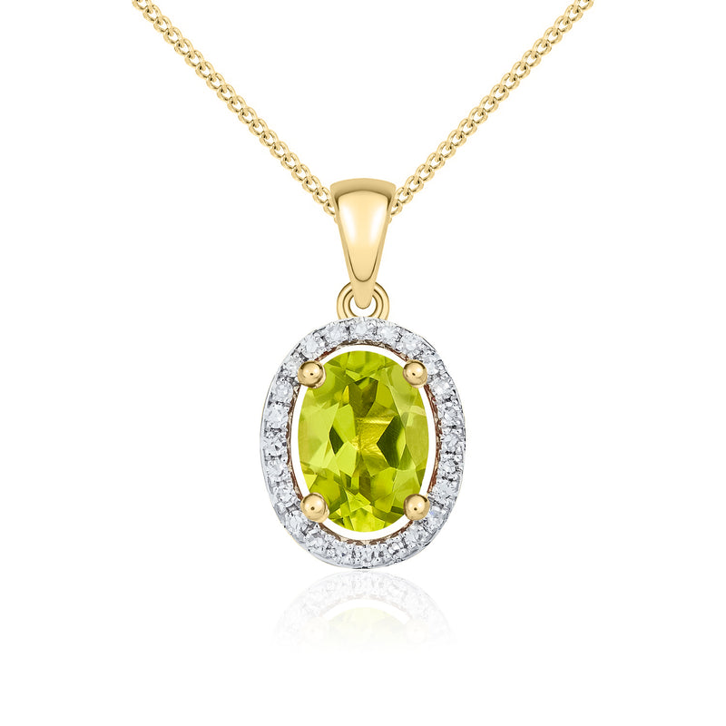 9ct Yellow Gold Oval Natural Peridot & Diamond Halo Cluster Pendant — 7x5mm